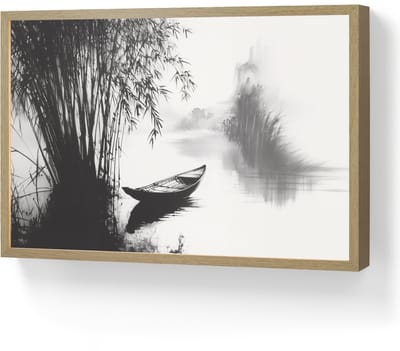 Wandlamp 60x40 cm - Oplaadbaar - Boot - Rivier - Bamboe - Wit - Wandlampen binnen woonkamer - Slaapkamer lamp - Decoratieve nachtlamp - Vloerlamp draadloos
