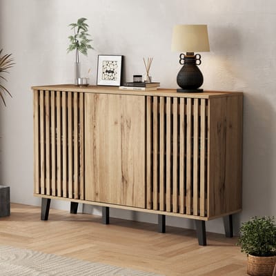 DESMIU Dressoir - Grote Opbergruimte Met 3 Deuren En 6 Vakken - Voor Woonkamer Slaapkamer Hal En Kantoor - Spaanplaat - 150x40x95 Cm - Naturel