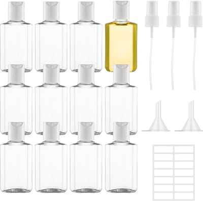 SnelShoppen - 12 Stuk 60ml Fles Set, Plastic Flessen voor Cosmetica, Met Sprayer, Trechter en Etiket voor Reizen, Shampoo, Lotion, Vrij van Lekken