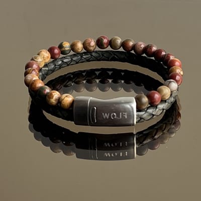 FlowJewels - Wolf Men - heren armband - leer - natuursteen