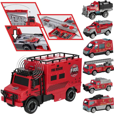 Brandweerwagen, transportwagen, brandweerauto voor kinderen + autootjes, licht, geluid, pull&back functie 3+