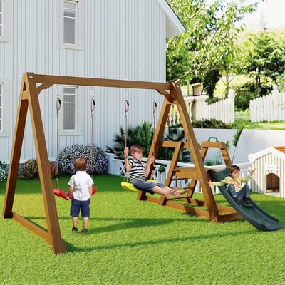 Houten Speeltoestel - Schommel met Glijbaan - Buiten Spelen - Dubbele Schommel Functie - 240 x 239 cm - Natuurlijk Hout