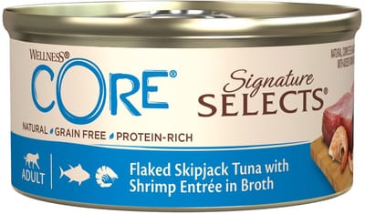 24x Wellness Core Kattenvoer Signature Selects Flaked Tonijn - Garnaal 79 gr
