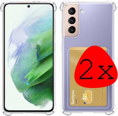 Hoesje 2 Stuks - Geschikt voor Samsung Galaxy S21 - Met Pashouder en Kaarthouder - Telefoon Hoes Shockproof - Siliconen Case - Back Cover - Shock Proof - Pasjes Houder - Transparant