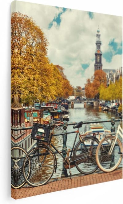 Artaza Canvas Schilderij Grachten Amsterdam - 30x40 cm - Klein - Wanddecoratie Herfst - Muurdecoratie Fiets - Kamer Accessoires Woonkamer