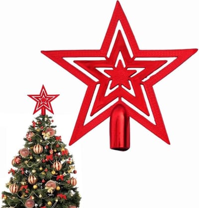 Kerstboompiek in de vorm van een ster, ster voor de kerstboomtop, kerstboomster, kerstboomversiering van kunststof, boomtop voor kerst, kerstdecoratie, rood, kerstboomversiering