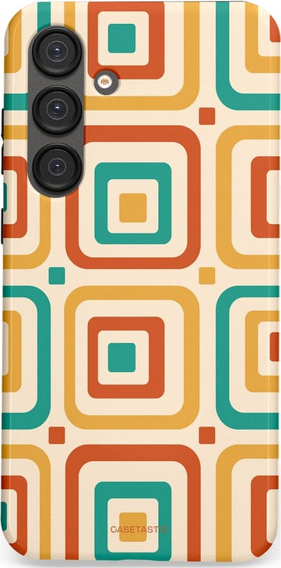 Casetastic hoesje geschikt voor Samsung Galaxy S25 Plus - Dubbellaagse bescherming - Retro Vierkant verlangen - Fashion Case - Crème Terracotta Goud Turquoise
