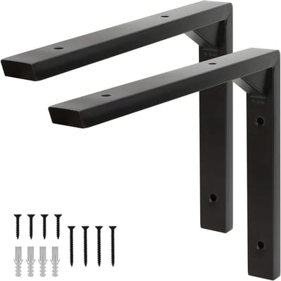 Zwarte Wandplanken Steunbeugels - RVS L-vormige Beugels met Driehoekige Versteviging, Inclusief Schroeven en Wandpluggen, 20.5 cm, Ideaal voor Plankmontage en Interieurdecoratie