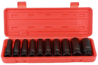 Dailygoods- Impact Steeksleutelset 10-Delig - Chrome Vanadium Staal - Diepe Steeksleutels - Corrosiebestendig - Plastic Opbergdoos - 78 mm Lengte - Dopsleutelset