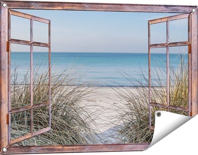 Gards Tuinposter Doorkijk Strand en Zee vanuit de Duinen - 90x60 cm - Tuindoek - Tuindecoratie - Wanddecoratie buiten - Tuinschilderij