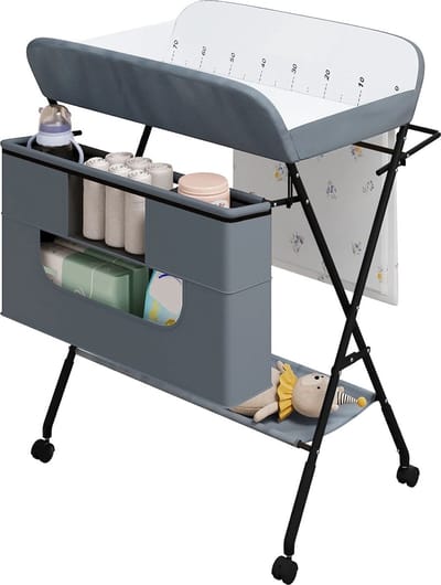 DHN Opvouwbare Luiertafel - In hoogte verstelbare luiertafel - Met Wielen - inclusief opbergmand - aankleed tafel - Grijs