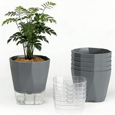 Set van 6 Kruidentegels met Bewateringssysteem, Ø 12,5 cm x H 13,5 cm, Perfect voor Balkon, Keuken en Binnengebruik, Grijs