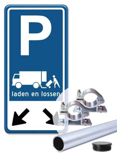 Parkeerbord Laden en Lossen 30x60 cm - Bevestiging: Met paal 150 cm + paalbeugels + paaldop