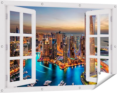 Gards Tuinposter Doorkijk Dubai Haven met de Stad - 120x80 cm - Tuindoek - Tuindecoratie - Wanddecoratie buiten - Tuinschilderij
