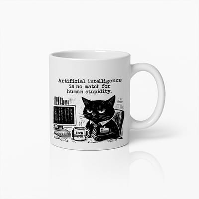 Grappige Tech Support Kat Beker 330ml – Kunstmatige Intelligentie vs Menselijke Domheid Koffiebeker – Uniek Cadeau voor IT Professionals