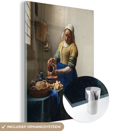 MuchoWow® Glasschilderij 120x160 cm - Schilderij acrylglas - Het melkmeisje - Johannes Vermeer - Foto op glas - Schilderijen
