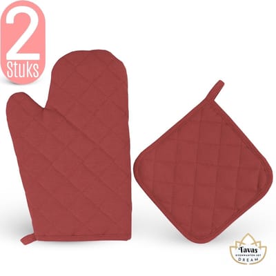 Dream Ovenwant met Pannenlap - Set van 2 - Bordeaux- Hittebestendig - Katoen - Thermolite tot 250°C | Pannenlappen - Ovenwanten - Ovenhandschoenen