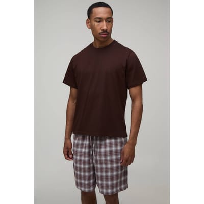 Regular Fit T-shirt & Geruite Lounge Short Set | Chocolate | Size Small