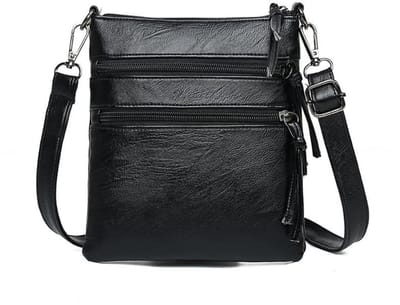 Dames crossbodytas – Ruim model, schoudertas van zacht leer met telefoonvak met ritssluiting (Zwart)