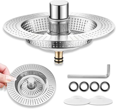 304 RVS Filter voor Keukens, Universele 3-in-1 Afvoerstopper, Pop-Up Afvoerfilter, Geschikt voor Keukenafvoeren (76-81mm)