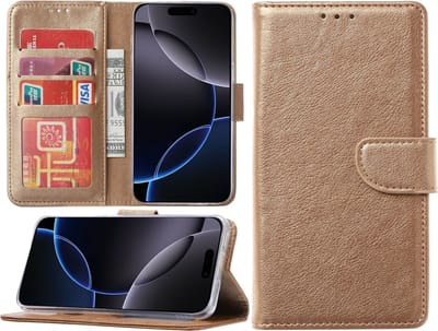 Hoesje Geschikt voor iPhone 16 Pro hoesje – portemonnee bookcase met pasjeshouder – Goud