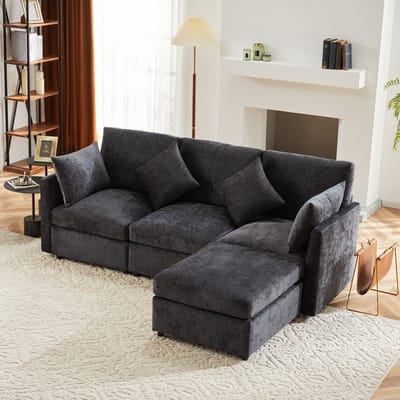 Wishdor - Hoekbank Met Verplaatsbare Voetenbank - 3-4-Zits - Chenille - Grijs - 216 x 161 x 81 cm