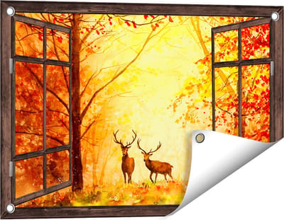Gards Tuinposter Doorkijk Getekende Herten in het Bos - Herfst - 60x40 cm - Tuindoek - Tuindecoratie - Wanddecoratie buiten - Tuinschilderij