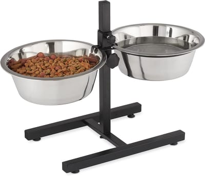 Famanu - Hondenvoerbak op standaard, antislip, in de hoogte verstelbaar, dubbel, elk 4,5 liter, HBD 42x61x29 cm, zilver