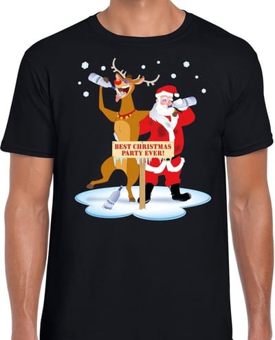 Bellatio Decorations Foute Kerst print t-shirt - dronken kerstman en rendier Rudolf - na kerstborrel - zwart - voor heren - kerstkleding - kersttrui S