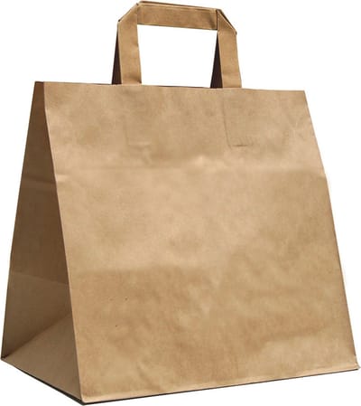KURTT - Papieren Draagtassen - 32x17x27cm - Bruin - 50 stuks / papieren tassen Kraft Papieren Tasjes Met Handvat/ Cadeautasjes met vlak handgrepen / Zakjes/ Milieuvriendelijk / BIO / Take Away