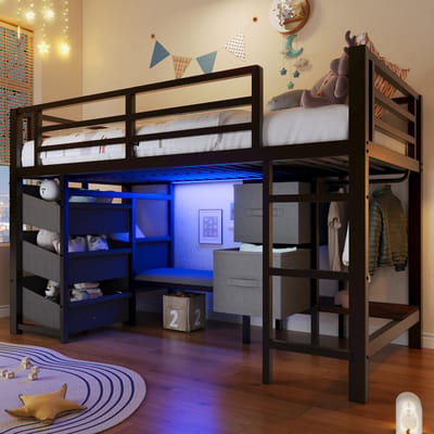 VVBV Halfhoogslaper 90x200 cm met LED-Verlichting, Zitkussen, Opbergruimte en Kledinghaak, Metaal, Zwart