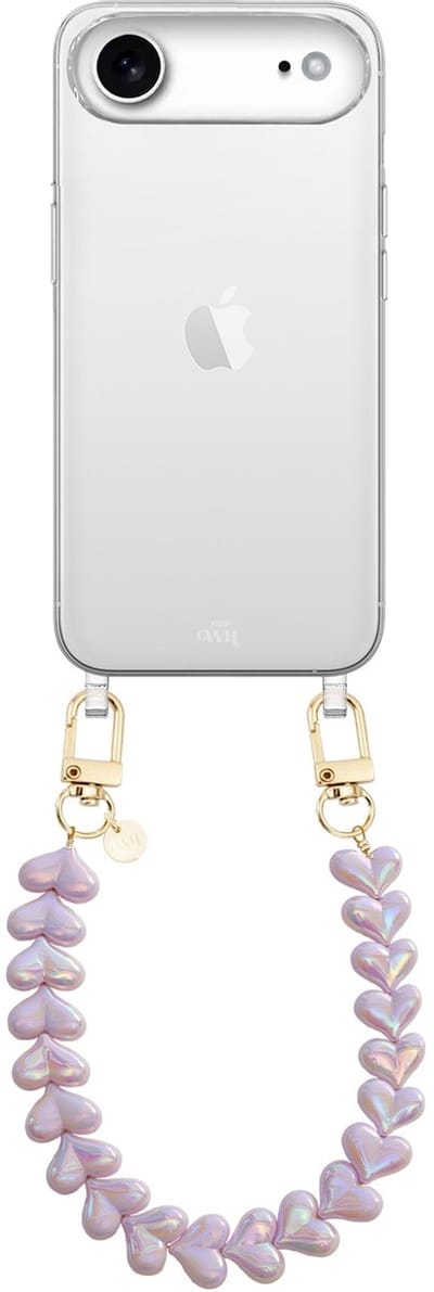 xoxo Wildhearts siliconen hoesje - Geschikt voor iPhone 17 Air hoesje - Funky Hearts (Purple Metallic) - Telefoonhoesje - Hoesje met koord - Paars koord - kort telefoonkoord - Hartjes ketting - Transparant hoesje
