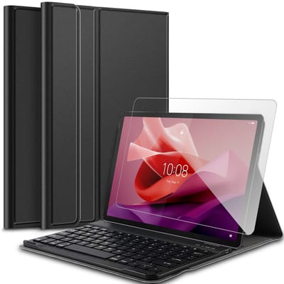 Hoes met toetsenbord geschikt voor Lenovo Tab P12 12.7 inch 2023 - Screen Protector GlassGuard - Keyboard Book Case Cover Hoesje Zwart & Screenprotector