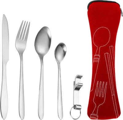 Kerst 5-delige bestekset, roestvrij staal, outdoor reisbestek, inclusief vorken/lepels/messen