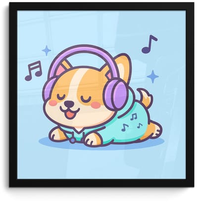 Poster in lijst - Fotolijst 40x40 cm - Posters - Corgi - Koptelefoon - Blauw - Muzieknoten - Posterlijst zwart - Decoratie - Wanddecoratie woonkamer - Muurdecoratie slaapkamer