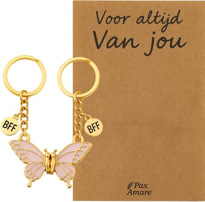 Koppel Sleutelhanger voor 2 'Voor altijd van jou' - Magnetische Roze Vlinder - Sleutelhanger set op Cadeau Kaartje - Goudkleurig - Persoonlijke Hanger - Pax Amare