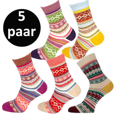 Teckel - 5 paar - Warme Wollen Winter Sokken - Noorse print - Maat 36/42 - Dames - Geel/Beige/L.Paars/D.Paars/Geel - Cadeau tip tijdens feestdagen