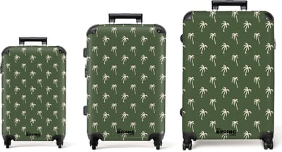 NoBoringSuitcases.com® - Kofferset 3 delig - Koffer lichtgewicht - Groen met beige palmbomen print - Reiskoffer set met 4 wielen - Handbagage trolley - Middelgrote rolkoffer - Ruimbagage koffer - Koffers met TSA slot