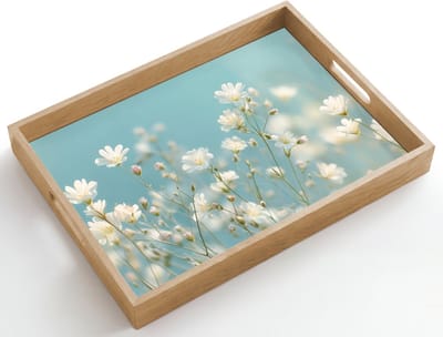 Dienblad hout 50x35 cm - Schootdienblad - Stängel – Blumen – Luft – Weiß - Borrelplank rechthoek - Plateau dienbladen