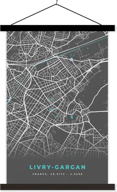 Posterhanger incl. Poster 40x60 cm - Schoolplaat - Livry-Gargan - Frankrijk - Plattegrond - Kaart - Stadskaart - Textielposter - Zwarte latten - Stadskaart