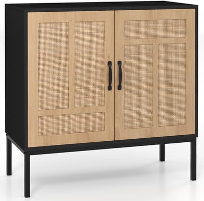 COSTWAY Sideboard rotan opbergkast, boho buffet accentkast, buffetkast met 3-voudig verstelbaar rek en 2 deuren voor keuken, eetkamer, woonkamer en hal (zwart)