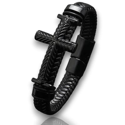 Armband Heren - Zwart Leer met Zwart Kruis - Leren Armbanden - Papa Cadeau Voor Mannen - Vaderdag