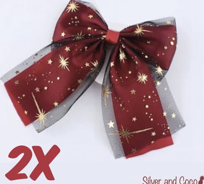 SilverAndCoco® - 2 Rode Strikken Gouden Haar Strik met Glitter / Elastiek Haarband Festival Scrunchies / Brede Haarstrik Glitters Knip Haarelastieken met Lint Dames Meisje / Gouden Elastische Knipje Kerst Feest Oud en Nieuw Haarbanden - Goud / Rood