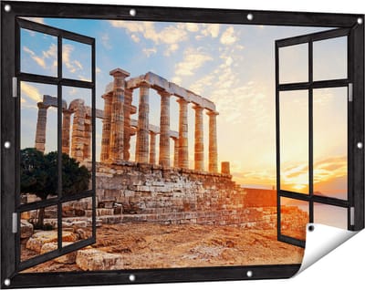 Gards Tuinposter Doorkijk Tempel van Poseidon in Athene, Griekenland - 120x80 cm - Tuindoek - Tuindecoratie - Wanddecoratie buiten - Tuinschilderij