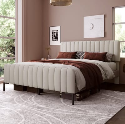 MEUNIQ tweepersoons bedframe 160 x 200 cm met lattenbodem en verstelbaar hoofdeinde, gestoffeerd bed voor slaapkamer of logeerkamer, grijs-beige