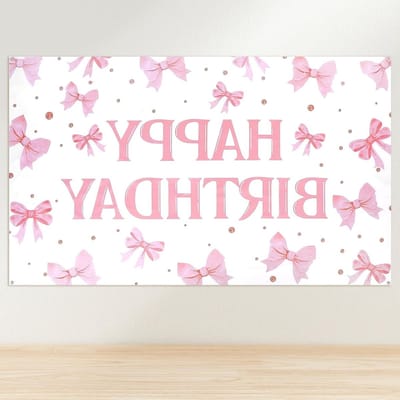 Dailygoods - Happy Birthday achtergrond roze strik, verjaardagsdecoratie, feest verjaardagsdecoratie dames fotoachtergrond hangdecoratie feest strikken wanddecoraties voor dames verjaardag babyshower (180 x 110 cm