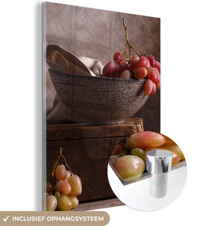 MuchoWow® Glasschilderij 120x160 cm - Schilderij acrylglas - Rustiek - Druiven - Schaal - Stilleven - Fruit - Foto op glas - Schilderijen
