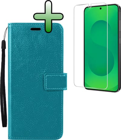 Hoesje Met Screenprotector - Geschikt voor Samsung Galaxy S25 - Luxe Pasjeshouder - Bookcase Portemonee - Flip Case - Kunstleer Book Case - Flipcase - Book Cover - Walletcase - Portemonneehoes - Turquoise