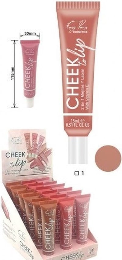 Easy Paris Cosmetics - Blush - Lipgloss - Lipstick - Lippenbalsem - Rouge - Vloeibaar - Cheek to Lip - 2 in 1 - Vitamine E - Bruin Roze - Nummer 01