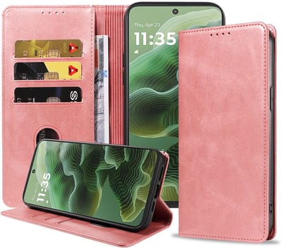Geschikt voor Motorola Moto G35 Telefoonhoesje Kunstleer met Magnetische sluiting en Pasjeshouder Bookcase met Klepje - Walletcase with Cardslot - Rosé Goud - Smartphonica geschikt voor Motorola Moto G35